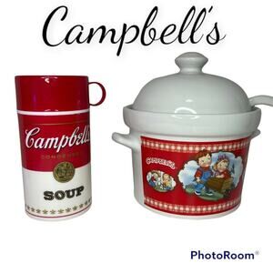 Vintage Campbell’s Soup Kids Soup Tureen w/Lid & Ladel & Soup Can-tainer